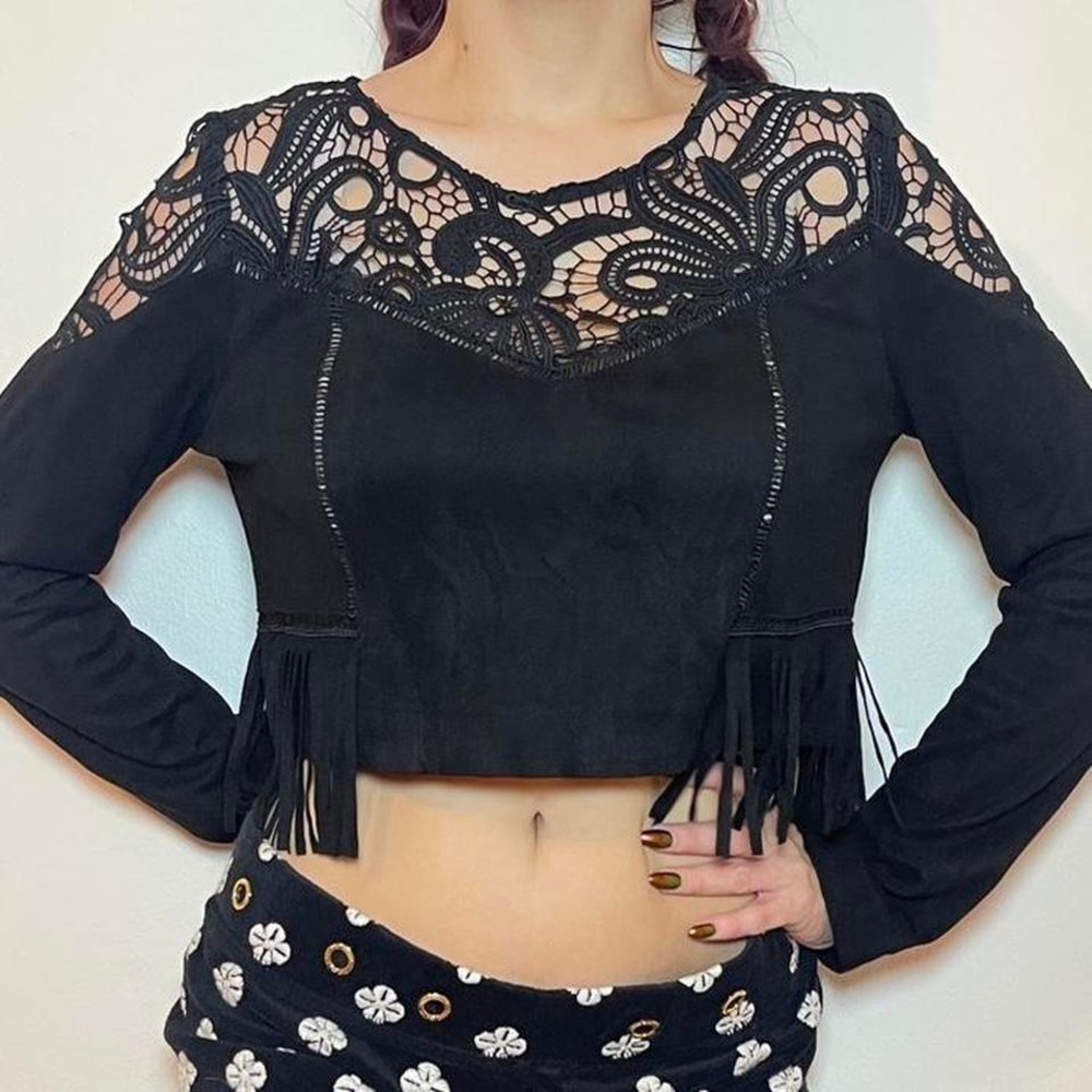 Faux Suede Black Fringe Crop Top